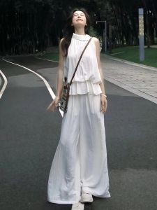 VKSOD | ชุดเสื้อกั๊กแขนกุดคอตั้งสไตล์ฝรั่งเศสสำหรับผู้หญิงในช่วงฤดูร้อนปี 2025 ชุดกระโปรงขากว้างเอวสูง สีขาว ชุดสองชิ้น