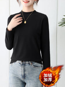 เสื้อยืดผู้หญิงหนาปะการังสองด้านสีน้ำตาล ทรงหลวม คอกลม แขนยาว ระบายอากาศได้ดี เสื้อชั้นในอุ่นในฤดูหนาว