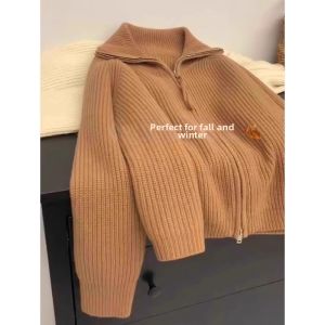 Fashion Knit Sweater Cardigan Double Zippers Collar