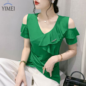 YIMEI off shoulder women top 2023 Summer New Solid Ruffle Edge Shirt Short Sleeve Slim Split Womens T-shirt