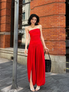 French Style Red Crinkle Halter Jumpsuit Slim Fit