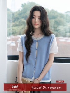 Color Blocking False Two-piece Knitted Patchwork T-shirt