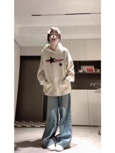 Oversize Hoodie Sweatshirt Womens Spring Autumn Loose Fit American Retro Star Print Long Sleeve Cotton Crew Neck Pullover