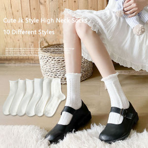 🌟 Cozyrooms👍 1 Pack of Cute Jk Style High Neck Socks with White Lace and Ruffles Pure Cotton Socks 🌟