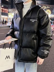 Winter Thickened PU Leather Stand Collar down Jacket Mens Youth Fashion Print Cotton Coat Warm Waterproof Outerwear