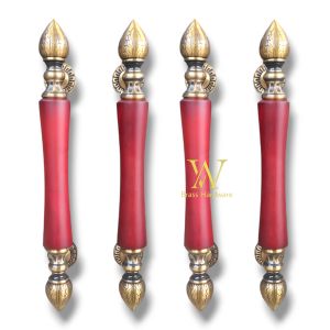 Handle Pintu Rumah Kuningan Antik Kombinasi Kayu Motif Sawo 49 cm 4 Pcs