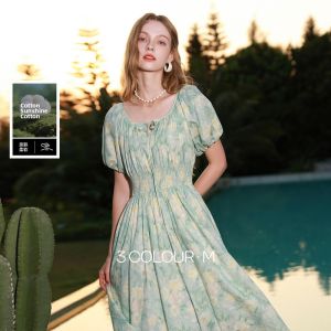 3COLOUR·S | Cotton U-neck High Waist Bubble Sleeves A-line Long Dress M