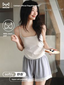 miiow | Pure Cotton Summer Sleepwear Womens Thin Strap Home Clothes Set With Chest Pad Short Sleeve Round Neck Sweet Cute Style
