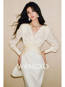 WANGXO | Đầm Satin Cổ V Quấn Eo Giảm Béo