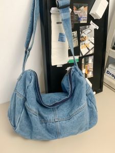 2024 New Denim Shoulder Bag Womens Wide Strap Retro Fashion Versatile Single Shoulder Bag College Students Commuting Casual Crossbody Bag