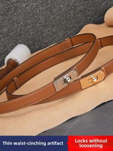 Kelly Ladies Thin Belt Narrow Leather Waist Seal Suit Dress Decorative Lazy Belt Genuine Leather Lock Buckle Adjustable