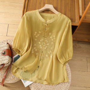 เสื้อเชิ้ตผ้าลินินคอตตอนผสมปักลายสไตล์จีนสำหรับผู้หญิงในฤดูร้อน เสื้อเชิ้ตผู้หญิงทรงหลวมสบาย ๆ สไตล์วินเทจ