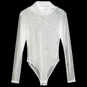 Fashion Fashion New Mesh One-Piece T-shirt Ultra-Thin Stretch Hollow out See through Voile One-Piece Crotch High Waist Tops