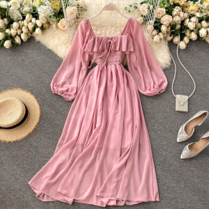 Chic Autumn Fashion Womens Dress Gentle Style French Vintage Square Collar Bubble Sleeve Chiffon Skirt High Waist A-Line Midi Dress