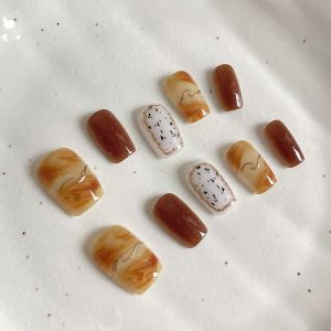 10 Chiếc Móng Tay Giả Ngắn Hình Vuông Ép Tay Nguyên Chất Màu Caramel Ấm Áp Dành Cho Nữ Dùng Trong Tiệc Tùng Chất Liệu ABS