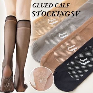 Summer Transparent Crystal Glass Silk Socks Daily Versatile Ultra-Thin Soft Non-Slip Massage Middle Tube Socks Calf High Silk Stockings