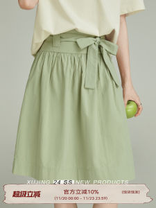 High Waist A-Line Mini Skirt Womens Green Belted Design Summer New Loose Fit Butterfly Knot Cotton Short Skirts