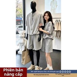 LIUBU | Bộ Áo Thun Tay Ngắn Mở Nửa Quần Shorts Vintage Thoáng Khí từ Vải Linen
