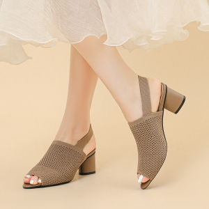 Princess Woven Peep Toe Cut Out Breathable Fabric High Heel Chunky Heel Sandals Womens Back Empty Strap Casual Plus Size Sandals