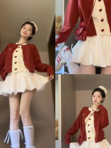 Red Patchwork Top Skirt Two-Piece Set Korean Style Fashionable New Year Christmas Winter Outfit Womens Polyester Fiber