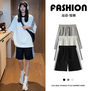 Black Side Stripe Sports Pants Womens Summer New Style Short Five-Point Korean Version Pants High Waist Wide Leg Cotton Blend
