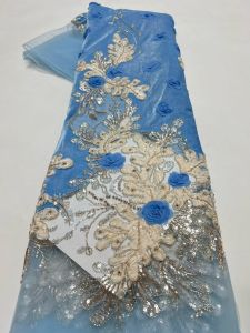 Heavy Beaded Shining Sequins FabricNigerian French Mesh Fabric3d flower Lace High Qualityfor Women Wedding Dress AT2810