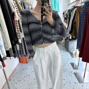 Fashionable V-neck Long Sleeve Crop Top Womens Tight Fit Shirt Zipper Design Spring Autumn Shoulder Pad Short Length T-shirt
