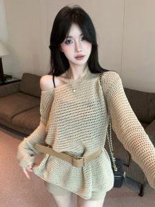 GUZILIAN | Ladies Loose Fit Thin Knitted Sweater Summer High-End Feel One Shoulder Sunscreen Outerwear Hollow Out Design Commute Style