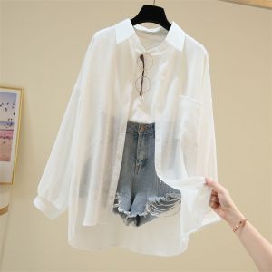 Womens Summer Thin Outerwear Long Sleeve Chiffon Loose Fit Shirt Korean Style Versatile Cardigan Sun Protection Clothing