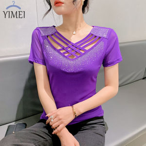 YIMEI Áo Thun Nữ Đẹp Áo Lưới Màu Tím Mới Mùa Hè 2023 Áo Thun Nữ Thời Trang Cắt Chéo Kim Cương Nổi Bật