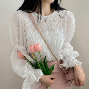 Chic French Style round Neck Bubble Pleated Design Loose Casual Womens Shirt Lantern Sleeve Long Sleeve Polyester Spring
