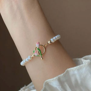 【Ready/COD】Elegant Women Girls Tulip Pearl Bracelet Korean Flower OT Buckle Bangle Hand Jewerly
