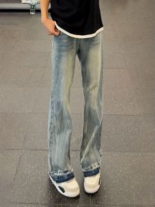 American High Street Vibe Mens Jeans Spring Autumn New Small Design Sense Pants Lightning Pattern Straight Leg Micro Flare Pants