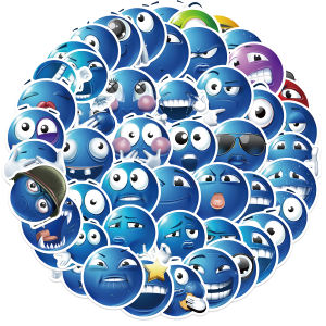 50pcs Blue Bean Expression Stickers Funny Smile Face Expression Stickers for Phone Skateboard Waterproof DIY Sticker