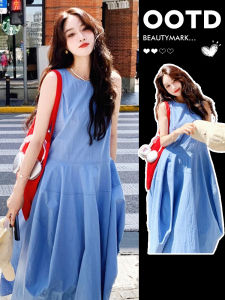 Blue Vest Dress Women Summer New French Style Casual Sleeveless Elegant Beautiful Long Dress High Waist A-Line Cotton Gown