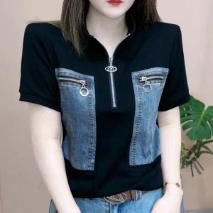 Fashionable Short Sleeve Denim Patchwork Womens T-shirt Loose Fit Slimming Style Zippered Summer 2024 New Arrival