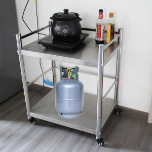 ชั้นวางของสแตนเลสสองชั้นพร้อมสิ่งกีดขวางล้อเฉพาะชั้นวางถังแก๊สขนาดเล็กห้องครัวชั้นวางของเครื่องมือทําอาหาร