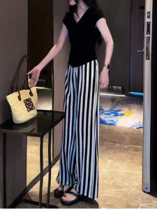 Quần Ống Rộng Bằng Lụa Băng Kẻ Sọc Cạp Cao Mùa Hè 2025 Cho Nữ Quần Ống Đứng Thường Ngày Thoáng Mát Cỡ Nhỏ Mới