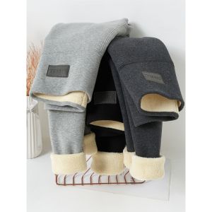 Sheep Leader Thickened Lamb Velvet Fleece Womens High Waist Tight Pants Winter New Style Inner Warm Cotton PU Elastic Fiber