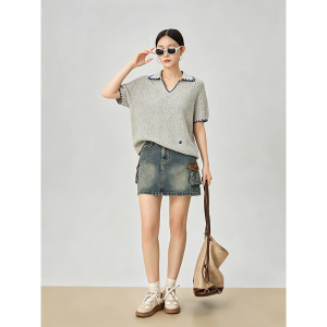 GULILI | Grey Knitted Lacey Turn-down Collar Short Sleeve T-shirt
