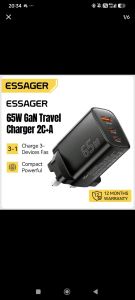 ESSAGER 65W GaN Travel Charger 2C-A - Compact Powerful Charges 3 Devices Fast 12 Months Warranty