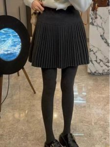 High Waist Thickened Woolen Plaid Skirt Korean Style Commute A-Line Short Skirt Black Accordion Pleats Womens Fashion