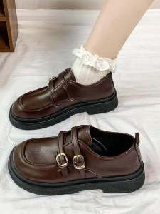 Giày Đế Dày Mary Janes Đế Bằng Đế Cao Su Màu Nâu Đen Phong Cách Anh Quốc Thường Ngày Cho Nữ Mùa Xuân Thu
