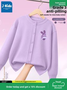 Jeanswest Kids Knitted Sweater Autumn Winter Purple Open Cardigan Casual Style Long Sleeve Thermal Fleece Childrens Outerwear