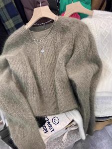 เสื้อสเวตเตอร์ถักหนาสำหรับผู้หญิงในฤดูใบไม้ร่วงและฤดูหนาว ทรงหลวม คอตั้ง แขนยาว สไตล์ลำลอง ผ้าขนสัตว์เทียม ทรงสลิมฟิต เสื้อถัก