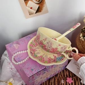 Ceramic Coffee Cup and Saucer Set Gift With Spoon