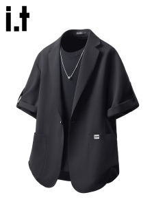 izzue | Summer Breathable Slim Black Short Sleeve Leisure Suit
