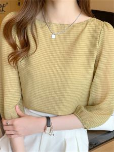 Elegant One-Shoulder T-Shirt Womens Summer 2025 Fashionable Seven-Sleeve Plaid Chiffon Shirt Trendy Top Korean Style Straight Cut Lantern Sleeve