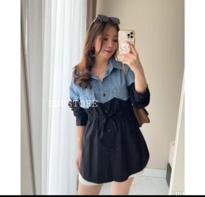KEMEJA DENIM WANITA KOMBINASI JEANS RAYON FORMAL NYAMAN LEMBUT