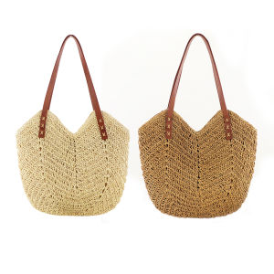 【HCS】Summer Women Straw Handbag Woven Shoulder Bag Female Beach Vacation Travel Tote